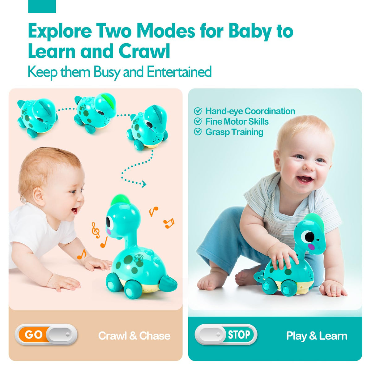 CubicFun Touch & Go Crawling Dinosaur Toy with Music, Lights & Obstacle Avoidance, 1 Year Old Boy Girl Gifts, Interactive Tummy Time Toy for 12 Month