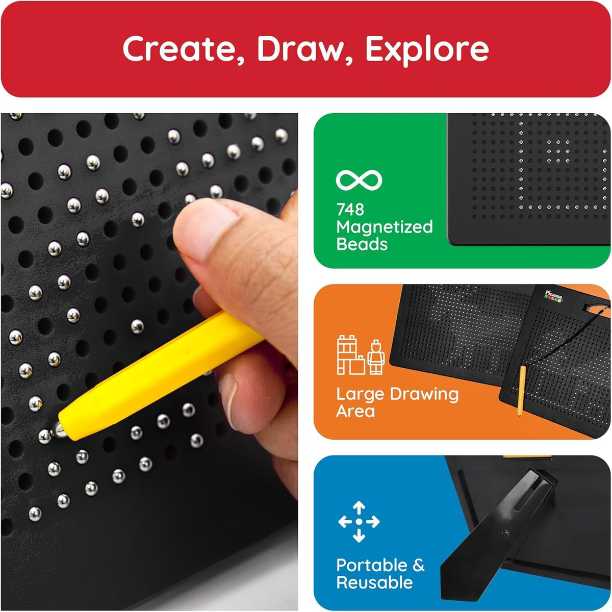 PicassoTiles Magnetic Drawing Board 748 Beads Pad Large 12x10 Inch STEM Writing Toy Reusable Erasable Educational Tablet for Toddlers Kids Age 3 Plus