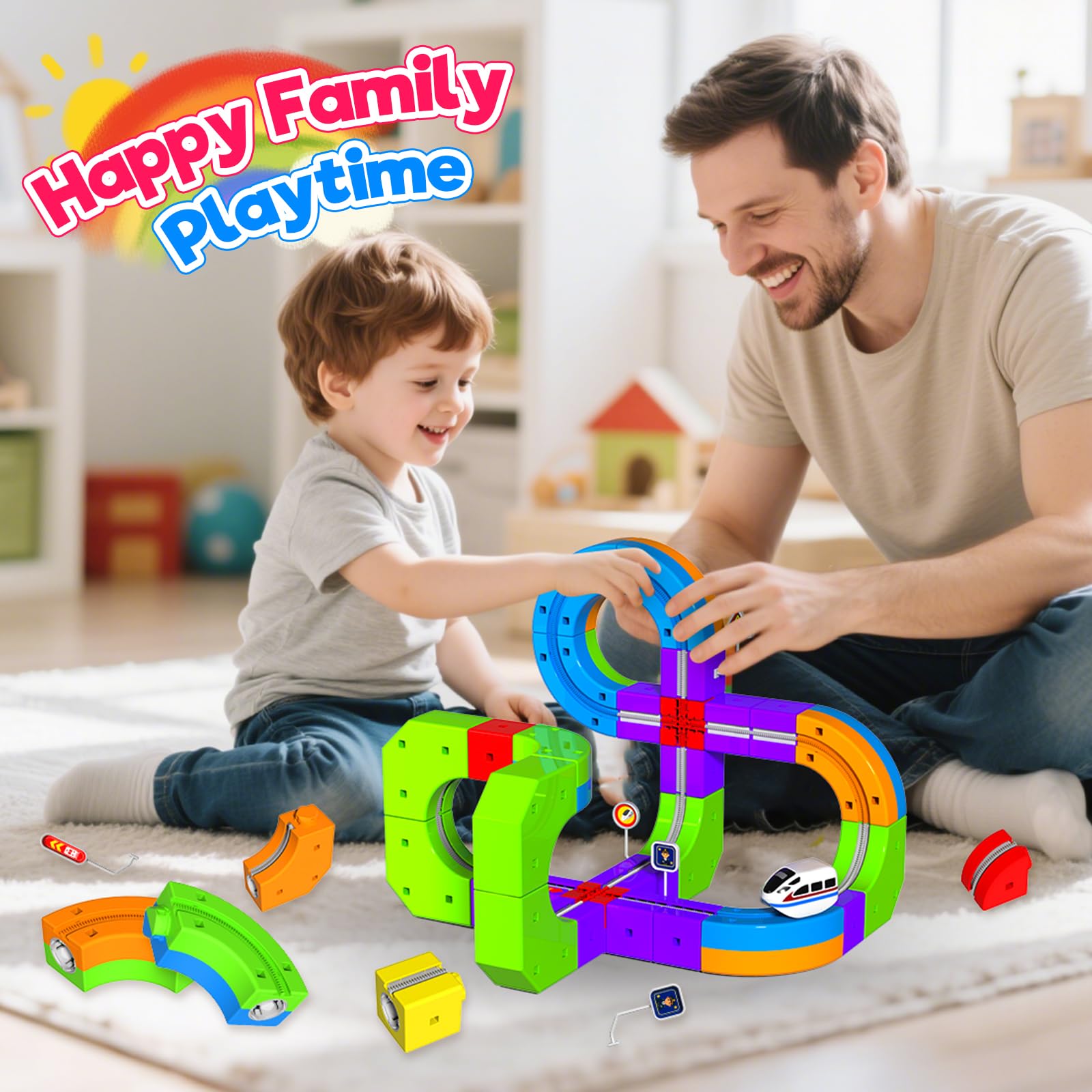 Goody King Electric Train Set for Kids, 69Pcs 3D Stem Electric Train Set with Traffic Signs, STEM Car Toy Set for Kids, 3 4 5 6 7 8 Years Old Boys