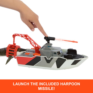 Matchbox Toy Car Playset, Jurassic World 12.5” Dino Boat with 13” Mosasaurus Dinosaur, 1:64 Die-Cast Jeep, Harpoon Missiles & Detachable Rescue Boat