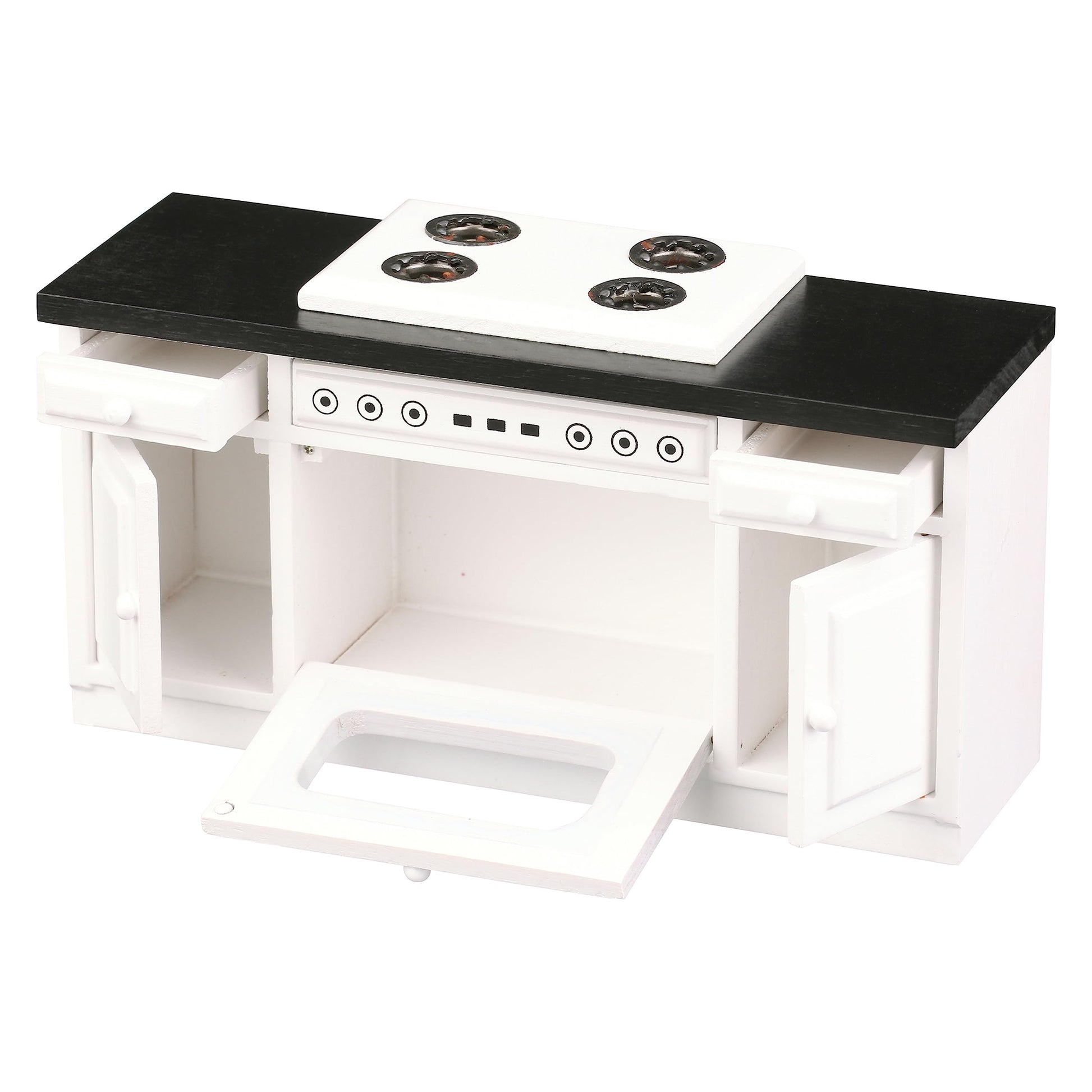 Wooden Dollhouse Kitchen Stove, Mini White Oven with Burners and Range, 1:12 Scale Cabinet Furniture for 6 Inch Dolls, White Farmhouse