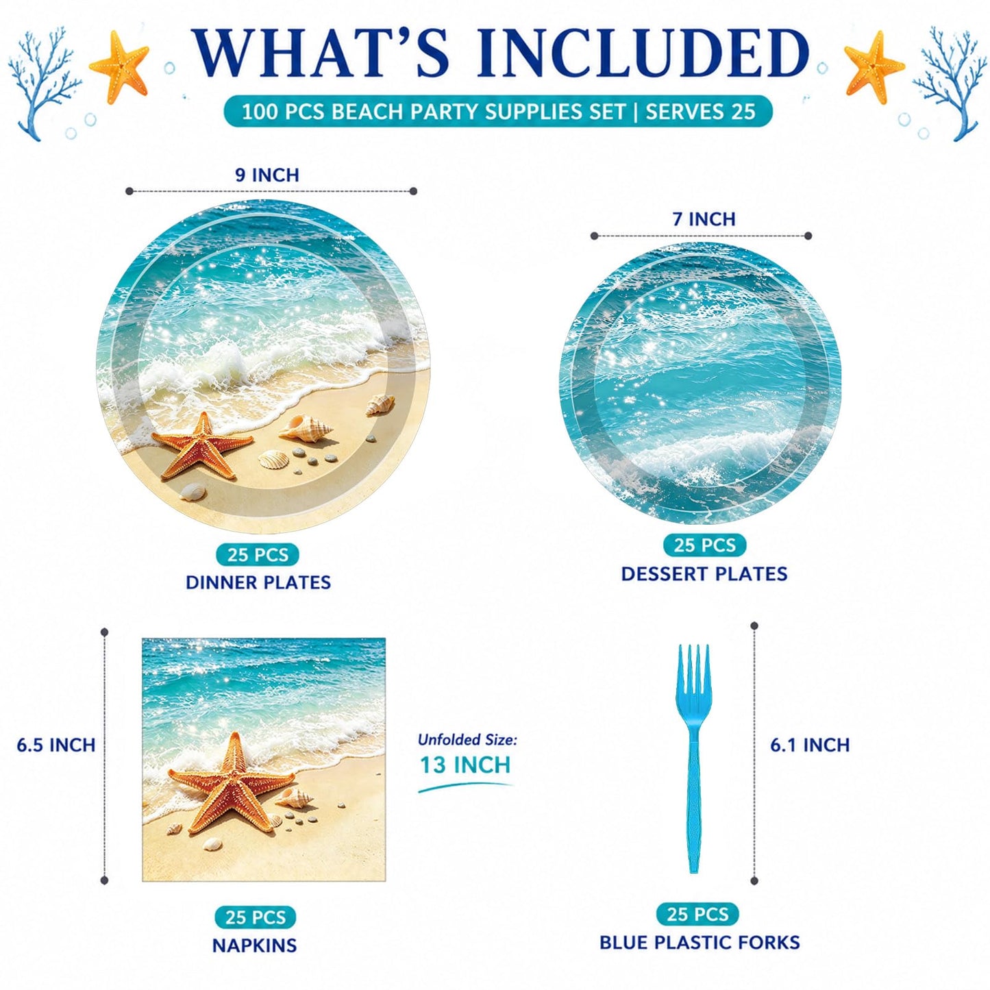 100 Pcs Beach Tableware Set Serves 25 - Disposable Ocean Starfish Paper Plates Napkins Forks, 9 Inch 7 Inch Plates Summer Tropical Coastal Pool