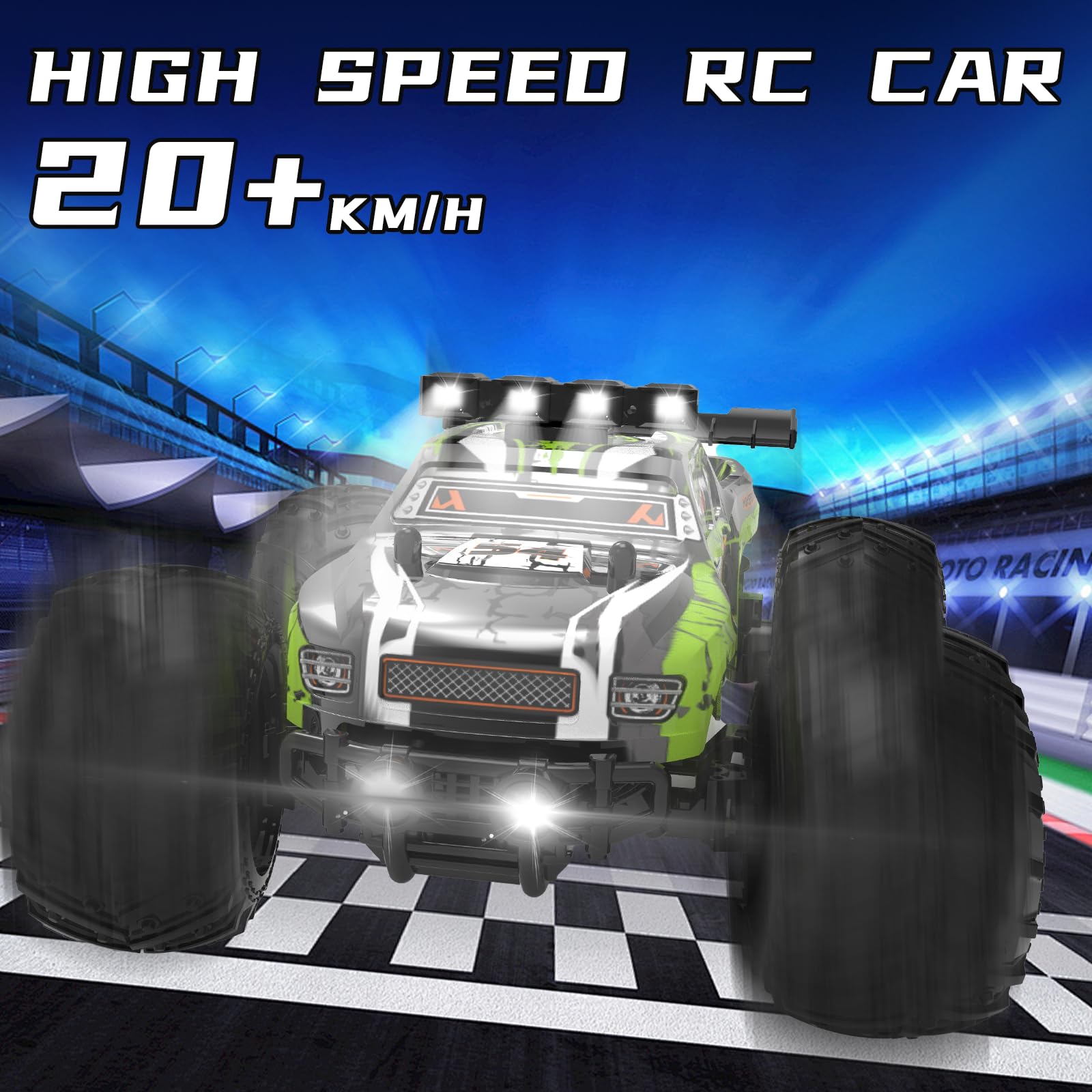 JICIFU Remote Control Car for Kids,High Speed 20 KM/H RC Cars Toys,Off-Road with 2 Headlights and 2 Rechargeable Battery RC Truck,Dinosaur Toys Gift