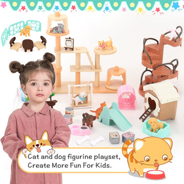 BananMelonBM 67 PCS Cat and Dog Pet Figurine Playset, Pretend Play Toy for Kids Creative DIY Realistic Detailed, Educational Gift for Kids, Toddlers