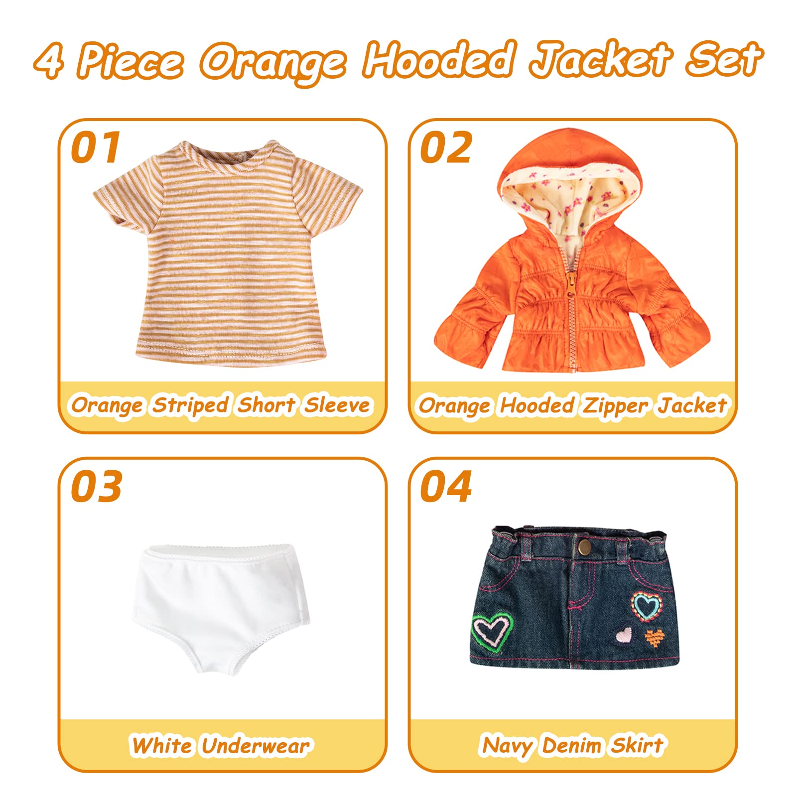 Rakki Dolli Doll Clothes Set Fashion 4 Pieces Includes Warm Hooded Coat, T-Shirt, Jeans Skirt & Underpants, Handmade Party Dress Casual Wear Fits 18