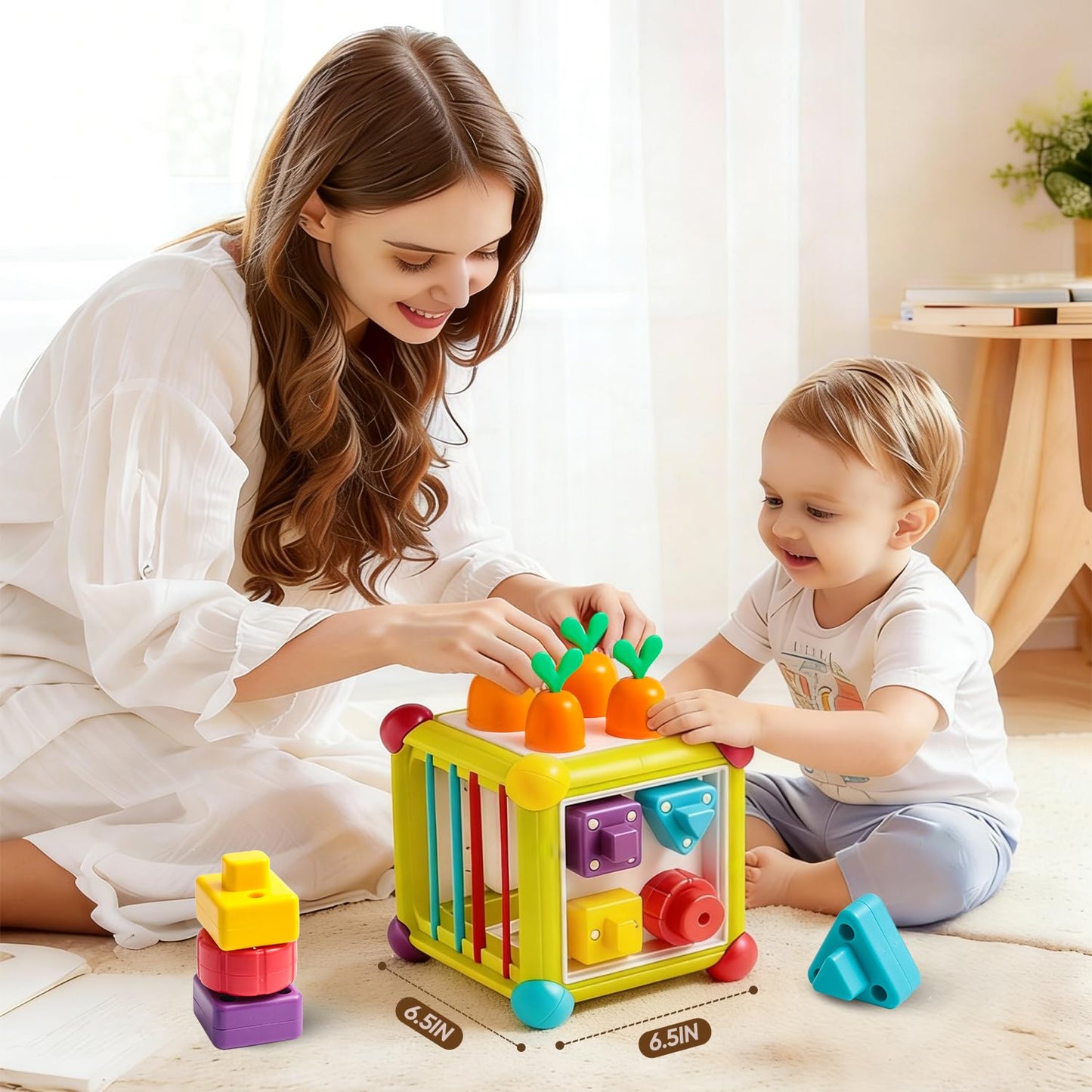 Seozio Montessori Activity Cube Toys for Baby, 6-in-1 Shape Sorting Toy, Fine Motor Learning Game for Toddlers 1-3