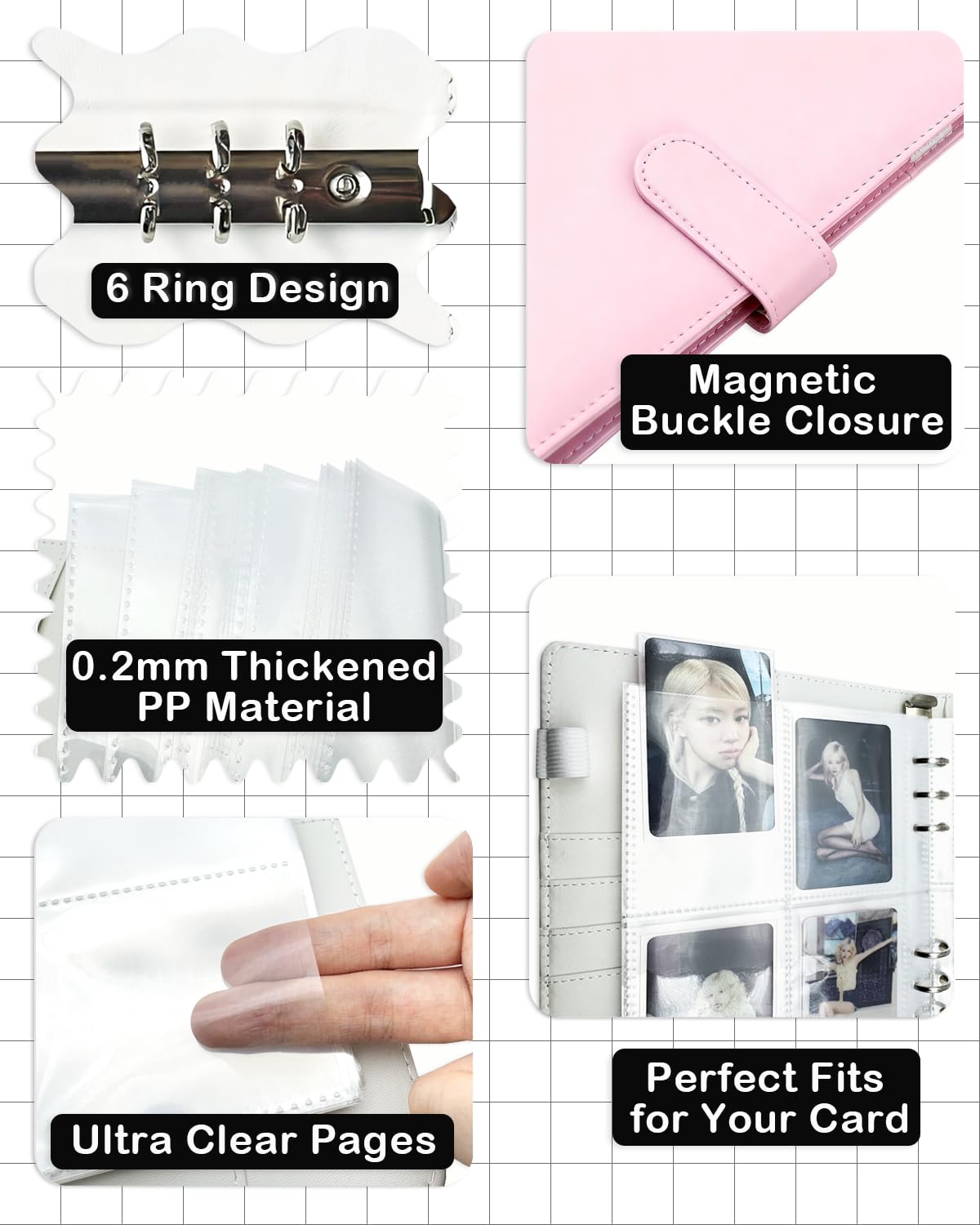 A5 Photo Card Binder with 30 Inner Sleeves (4-pocket and double-sided), 6 Ring 4 Pocket Trading Card Binder, PU Leather Card Collect Book with