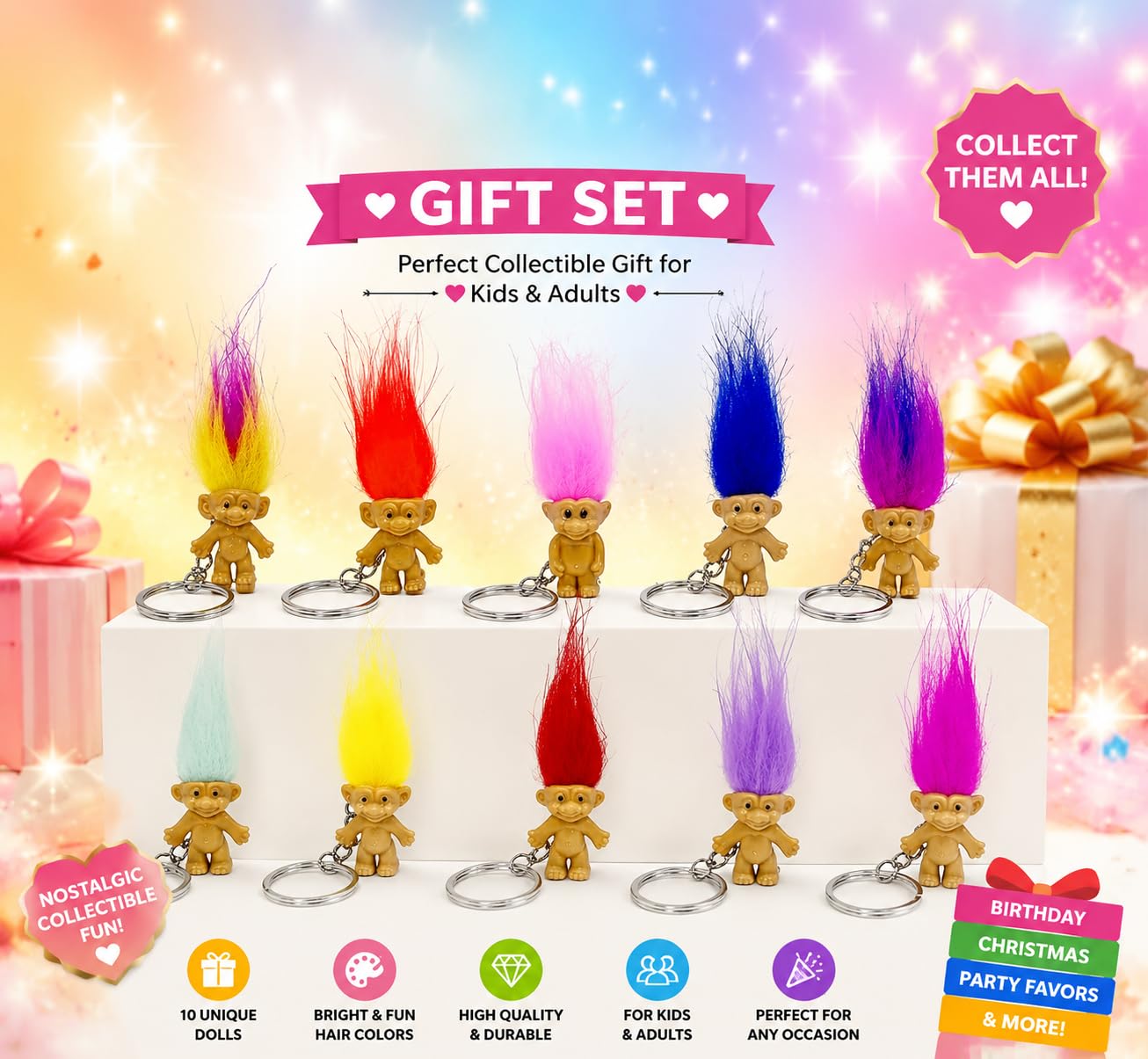 Yintlilocn 10pcs 1.2" mini troll Dolls Lucky Trolls Keychain Key holder
