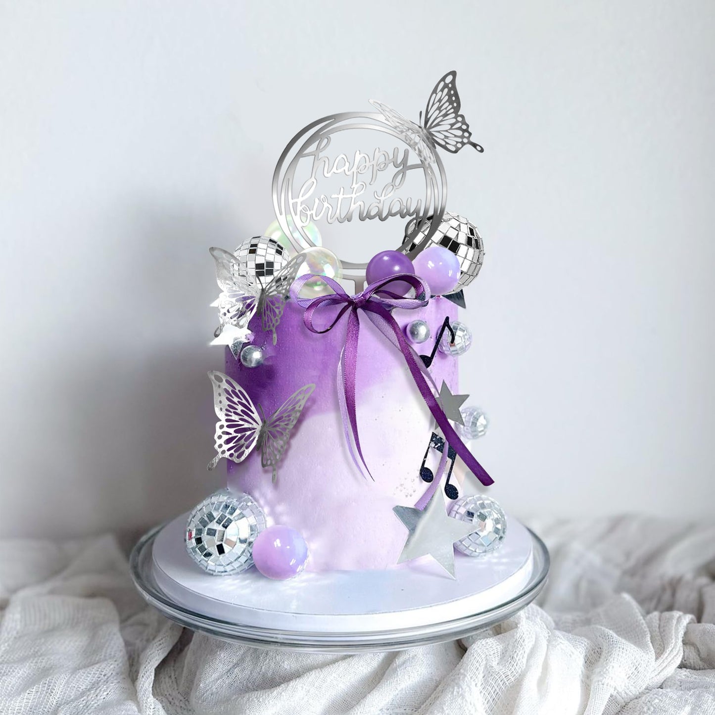Disco Ball Cake Topper Purple and Transparent Pearl Balls Decorations with Silver Butterfly for 70s 80s Disco Dance Music Birthday Supplies