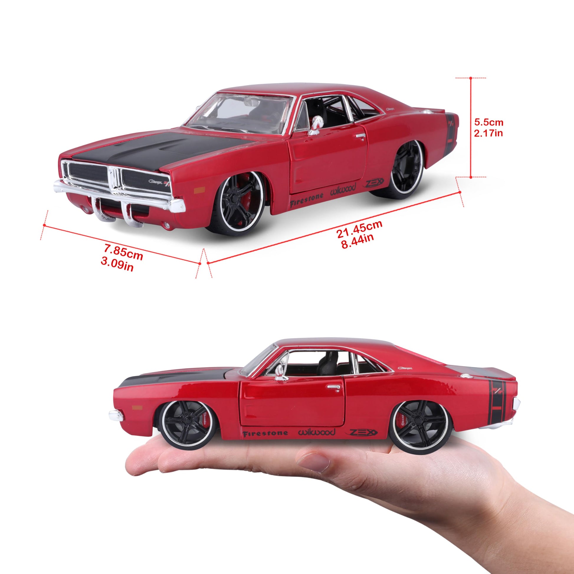 1969 Dodge Charger R/T Red Metallic with Black Hood and Black Stripes Classic Muscle 1/25 Diecast Model Car by Maisto