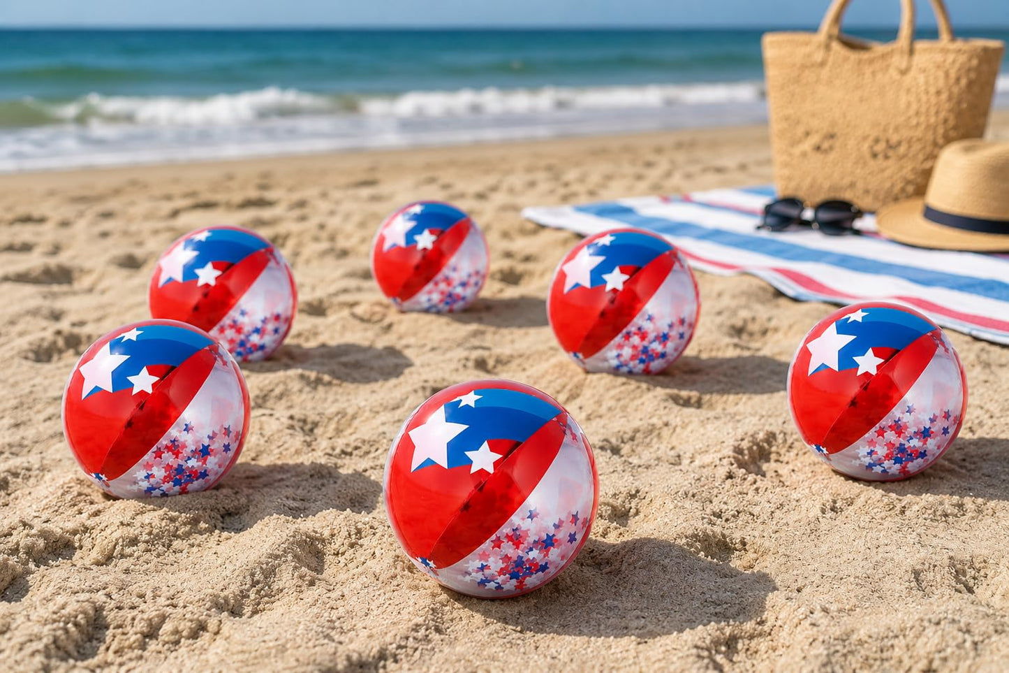 Fun Express Patriotic Confetti Beach Balls Bulk 12 Pack - Red White Blue Inflatable Pool Toys for 4th of July Party Decorations | Large 11 Inch Beach