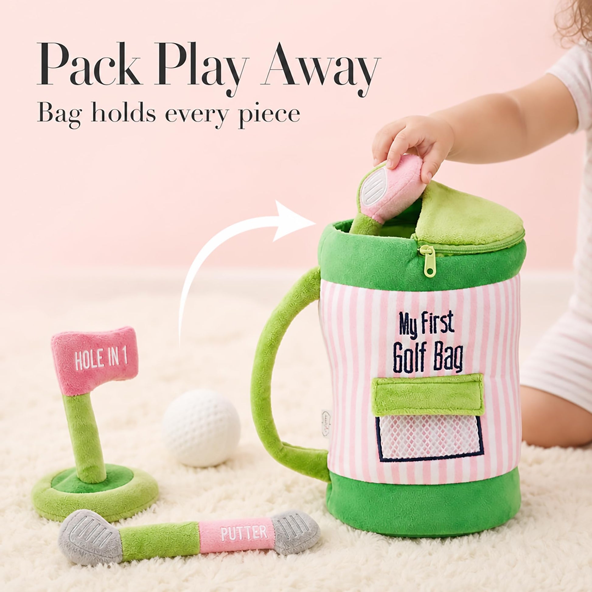 Mud Pie Pink Golf Plush Play Set, Baby Golf Bag Toy