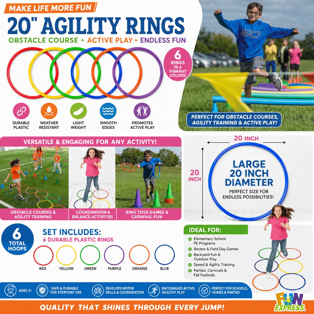 Fun Express Obstacle Course Agility Rings, 20 Inch, Set of 6