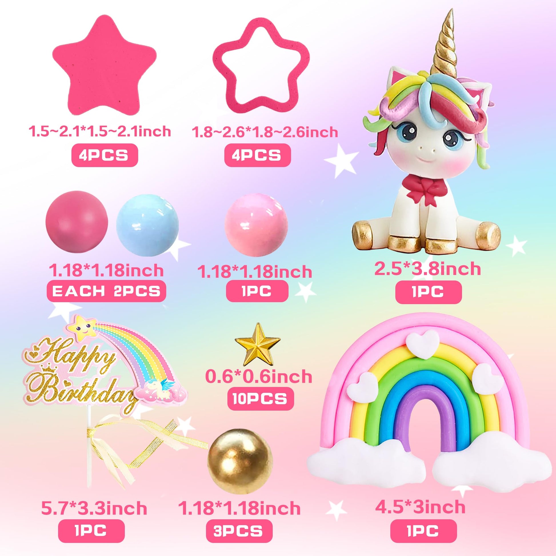 29 PCS Unicorn Cake Topper, Unicorn Rainbow Cake Decorations with Rainbow Stars Unicorn Balls Happy Birthday Cake Decorations for Boys Girls Kids