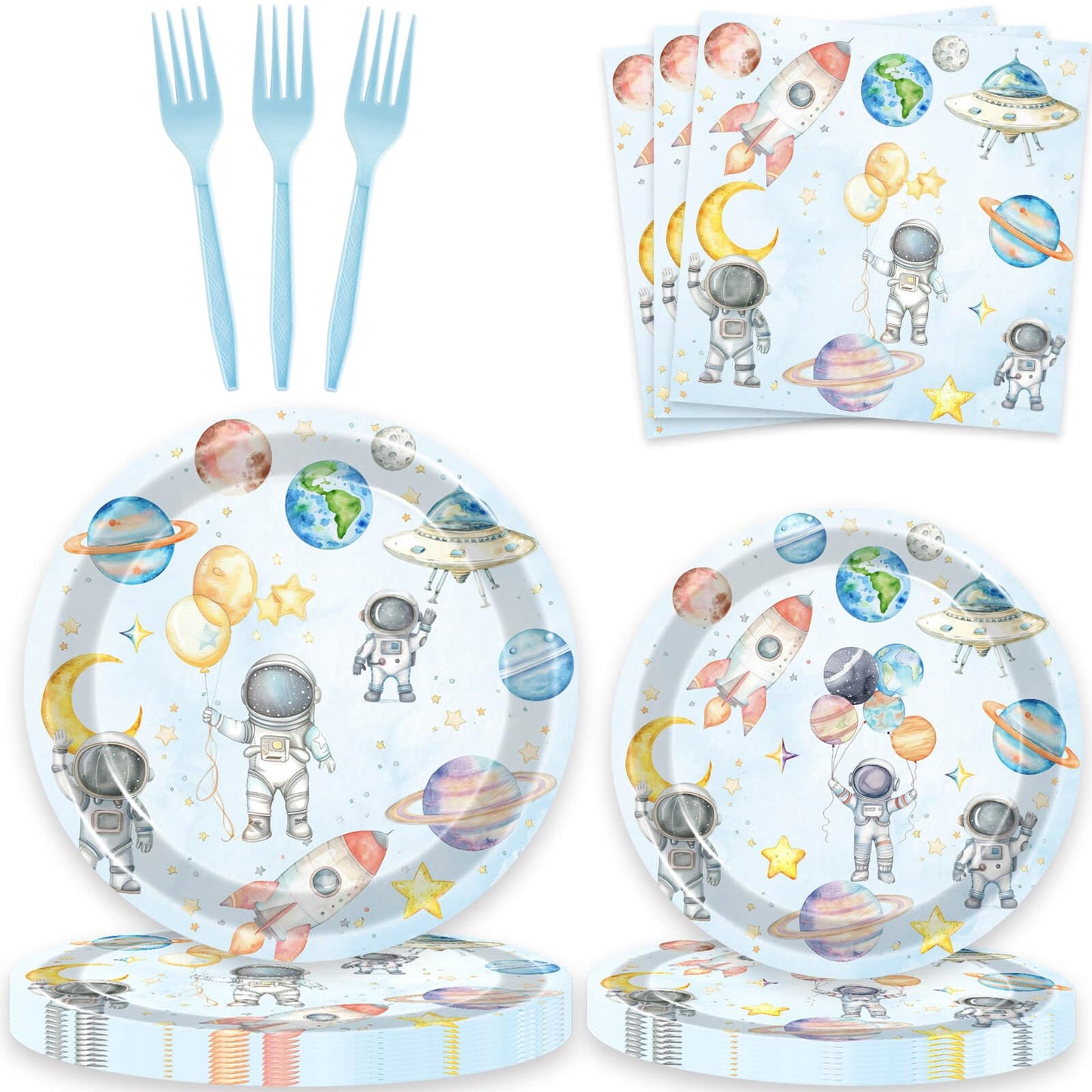 80 Pcs Space Birthday Party Supplies Paper Plates Napkins Forks Tableware Set for Outer Space Man Galaxy Astronaut Theme Baby Shower Boy 1st 2nd 3rd
