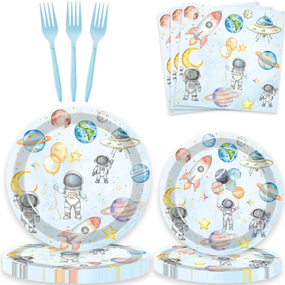 80 Pcs Space Birthday Party Supplies Paper Plates Napkins Forks Tableware Set for Outer Space Man Galaxy Astronaut Theme Baby Shower Boy 1st 2nd 3rd