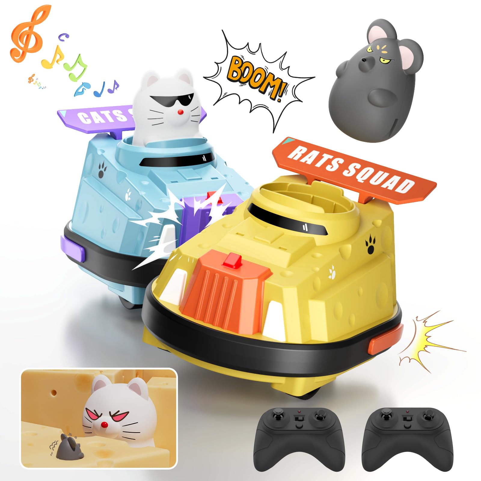 deependo 2 Pack Remote Control Car, RC Ejecting Bumper Car for Kids, Cat and Rat War Cheese Bumper Car, Car Toys for Ages 5-7, Christmas Birthday