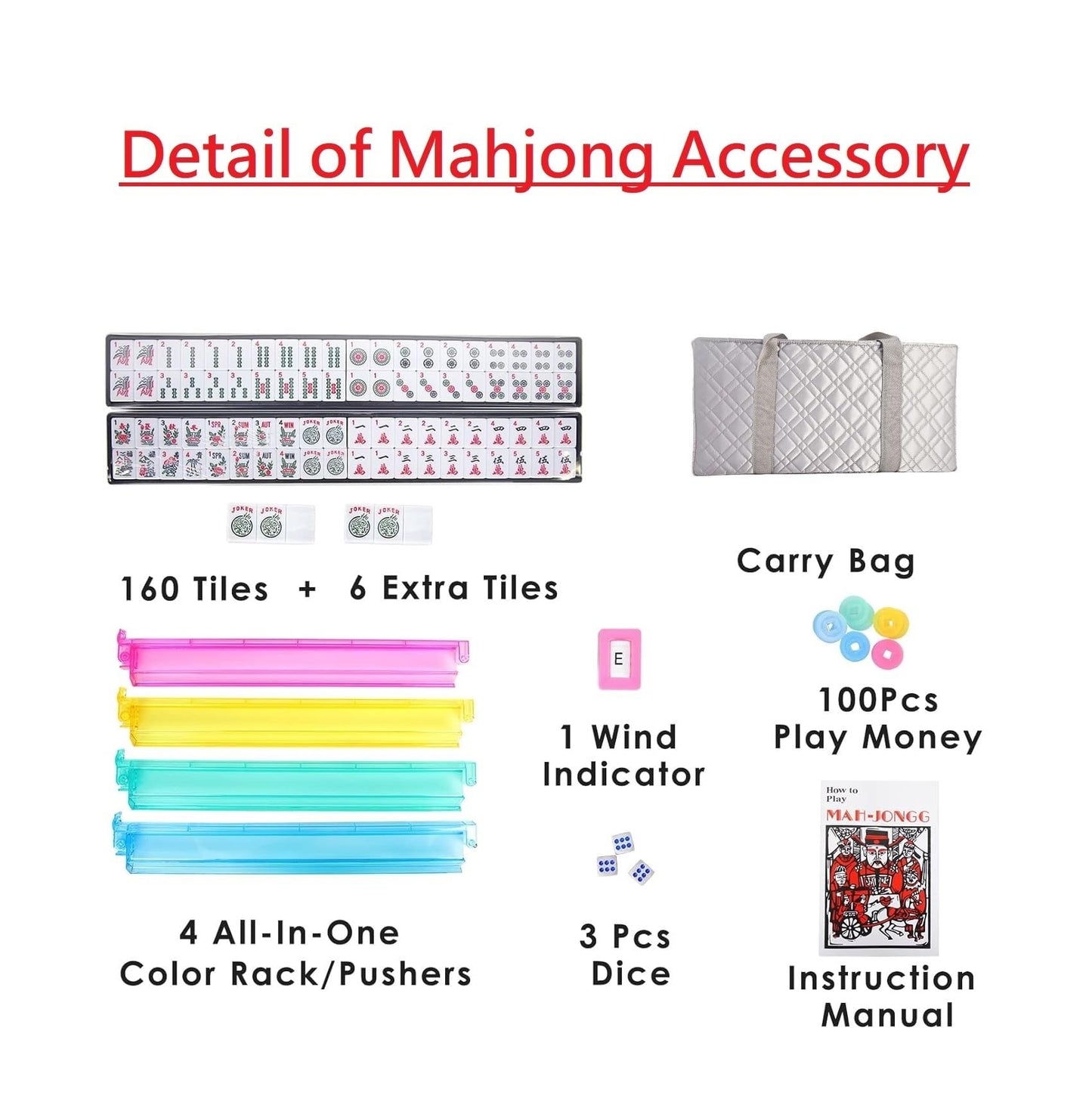 HNDTEK American Mahjong Set - Complete Set with Quilted PU Leather Carrying Bag, Tile Racks with Pushers, 166 Engraved Tiles, Dice, Bettor,
