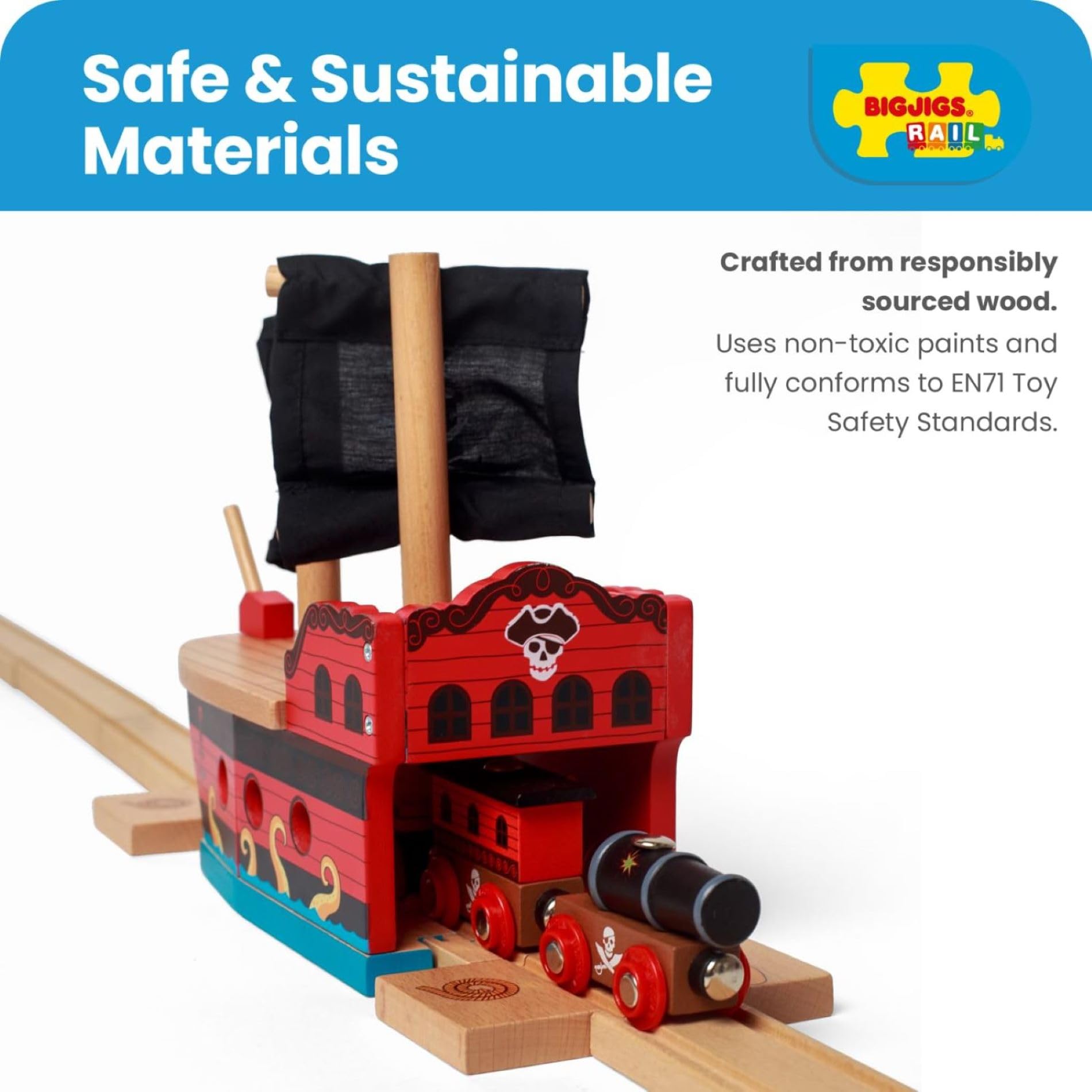 Bigjigs Rail Wooden Pirate Ship Galleon - Pirate Accessories for Wooden Train Sets, Bigjigs Train Accessories, Pirate Ship Toys for Kids, Wooden Toys