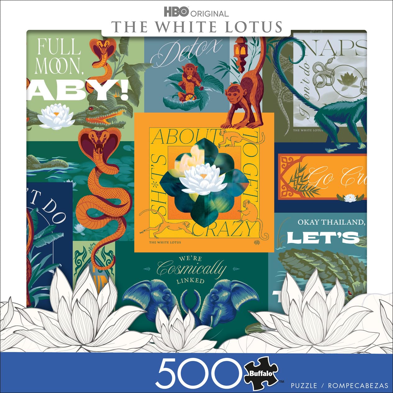 Buffalo Games - Warner Bros - White Lotus Collage - 500 Piece Jigsaw Puzzle for Adults - Challenging Puzzle Perfect for Game Nights - Finished Size is