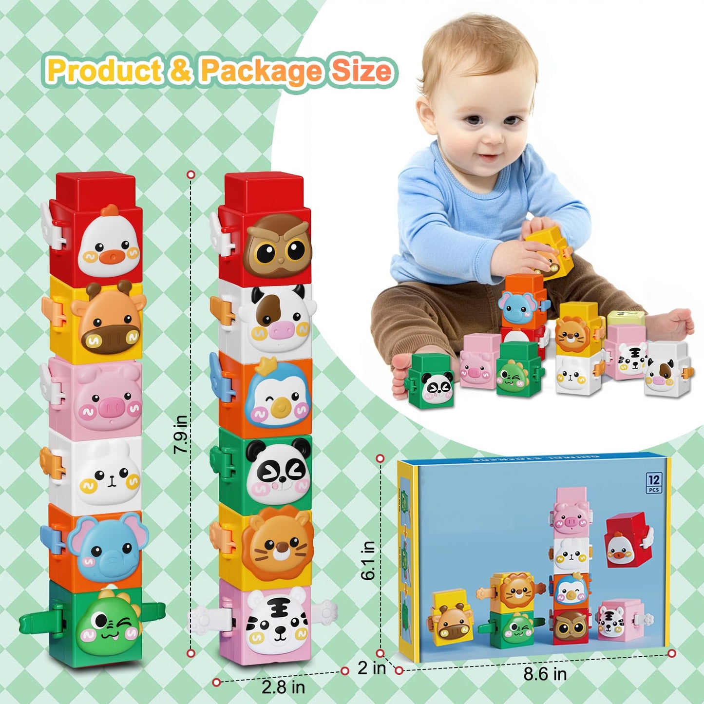 12 PCS Stacking Toys Set for Toddlers 18+ Months 1 2 3 4 Years Old Boys Girls Preschool Pressable Animals Stacking Blocks Sensory Toys with Cute