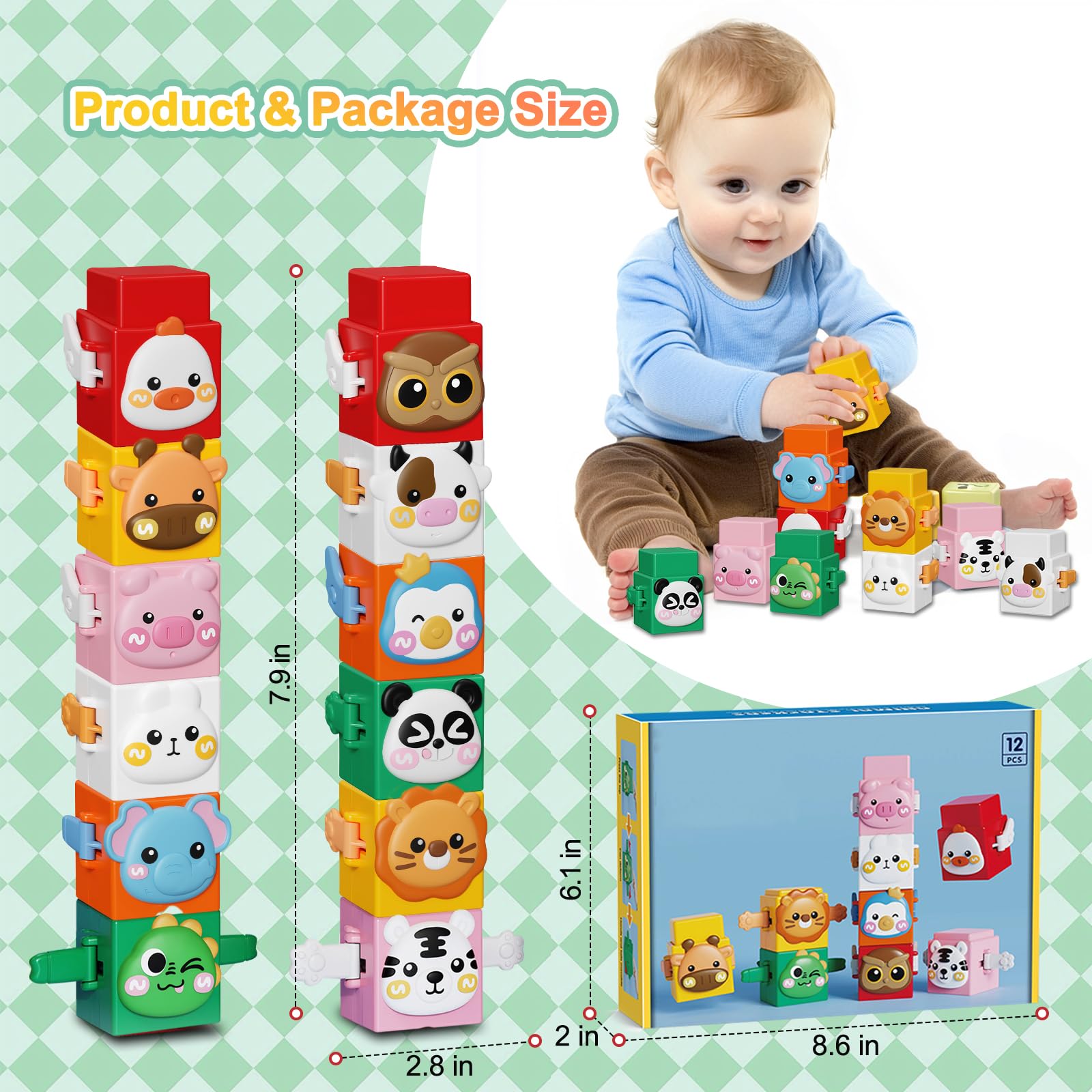 12 PCS Stacking Toys Set for Toddlers 18+ Months 1 2 3 4 Years Old Boys Girls Preschool Pressable Animals Stacking Blocks Sensory Toys with Cute