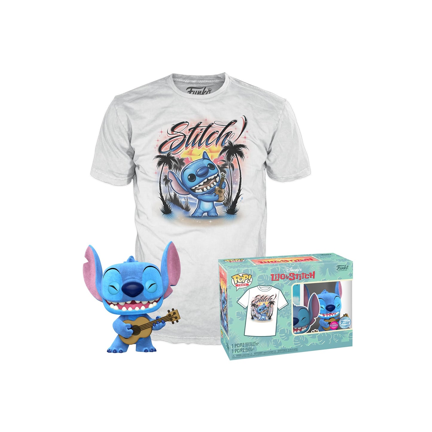 Funko Pop! &Tee: Lilo and Stitch - Ukelele Stitch (Flocked) - 3 Extra Large - (3XL) - T-Shirt - Clothes with Collectable Vinyl Minifigure - Gift Idea