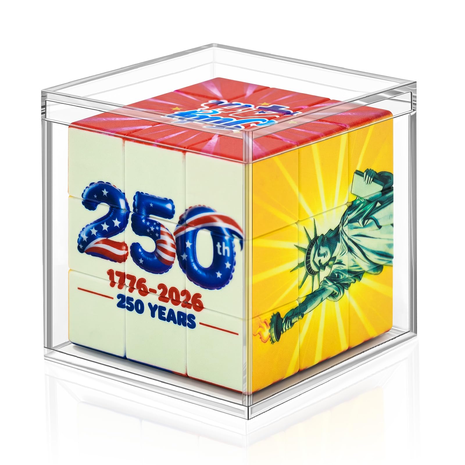 ZeeChan 250th Anniversary Cube Puzzle, USA Patriotic 3x3 Brain Teaser Toy with Acrylic Display Case | 4th of July Independence Day Gift & Decor |
