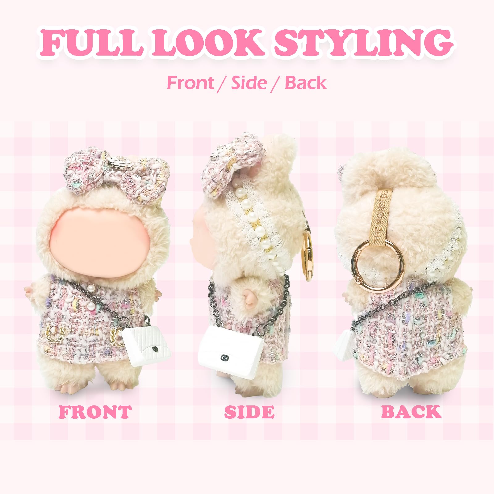 Clothes Compatible with Labubu Doll,Labubu Outfit Set - Pink Dress + Bow Headband + White Shoulder Bag for Labubu Dolls, Stylish Accessories for 17cm