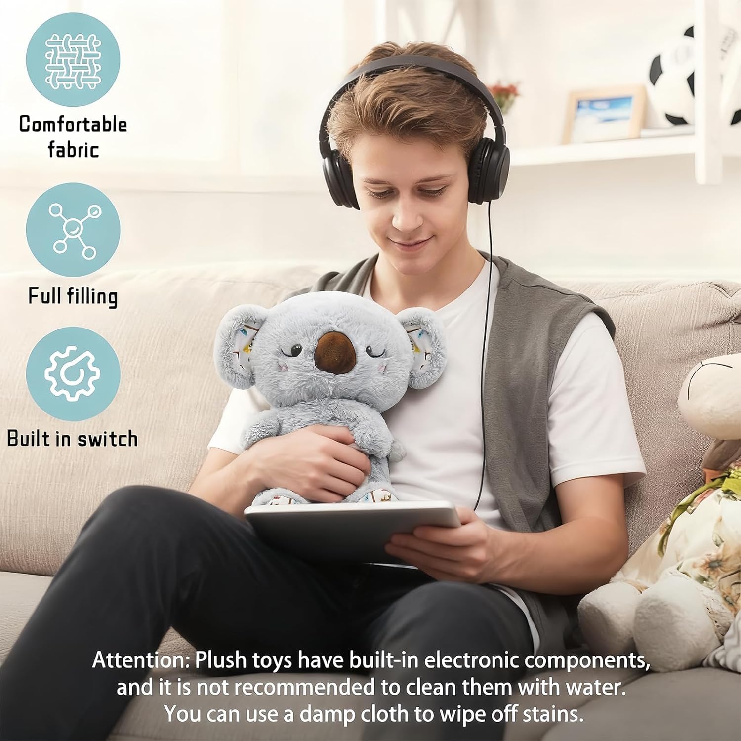 rytopt Breathing Stuffed Animal, Simulated Breathing Sounds, 4 Gear Adjustment, Volume Control, Plush Toy with Music & Light (Koala)