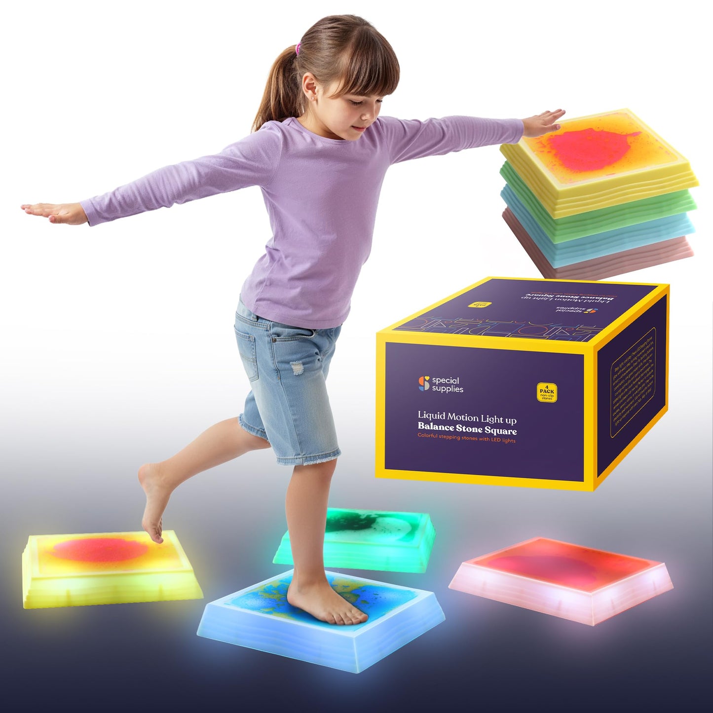 Special Supplies Liquid Gel LED Stepping Stones for Kids - Light-Up Square Balance Blocks - Promote Coordination, Balance, Strength for Children