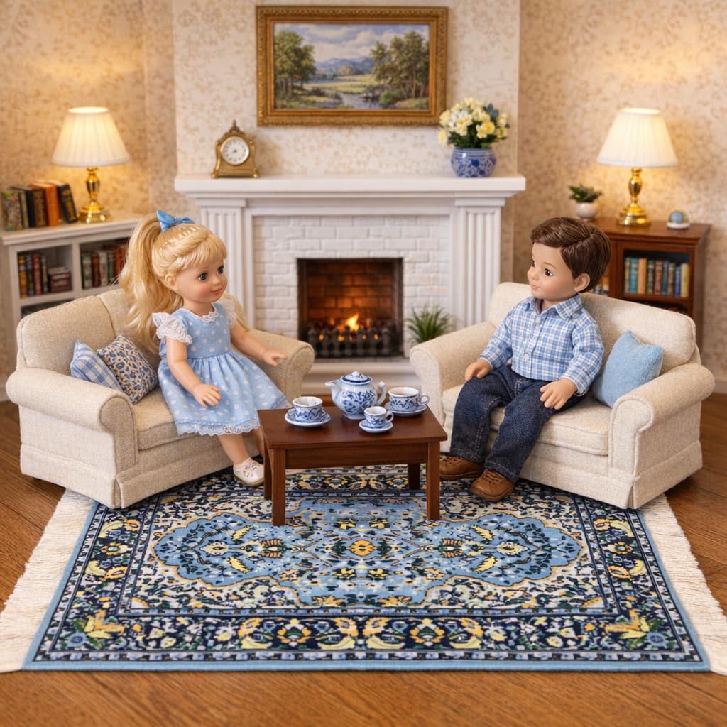 Dollhouse Area Rug - Blue Miniature Carpet Accessory for Doll Houses, 10 x 7 Inch Rectangular Floor Décor, Oriental Style