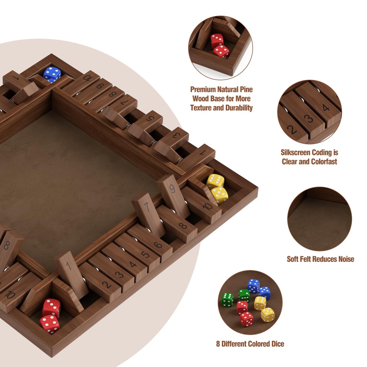 PRIMBARBER Shut The Box Game Wooden 1 2 3 4 Players Shut The Box Board Games with 8 Dice Math Addition and Pub Close The Box Game Wodden for Kids