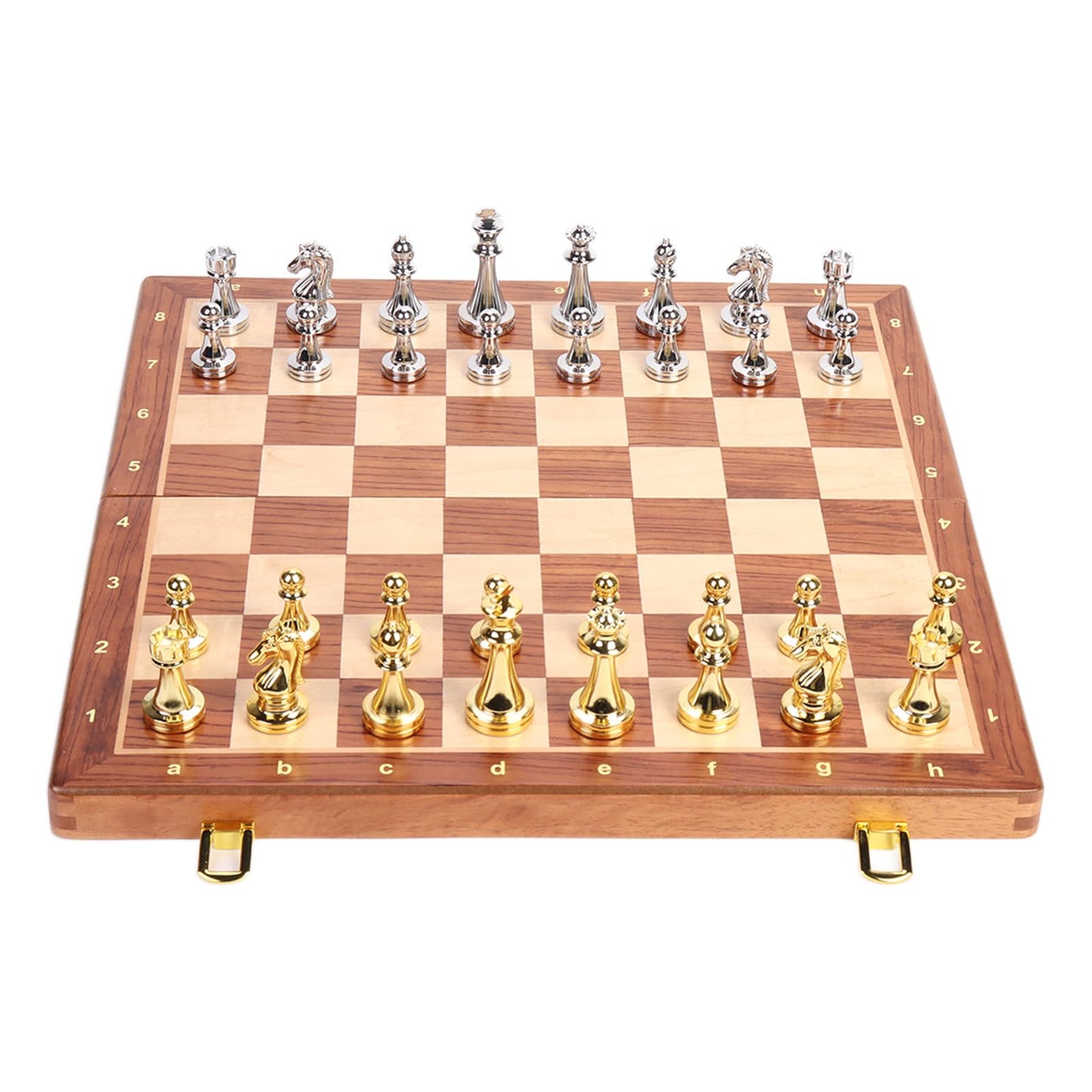 15-Inch Folding Chess Set, Wooden Board with Metal Pieces，Metal Bronze Chess Pieces, Travel Board Game with Extra 2 Queens (Gold and Silver)