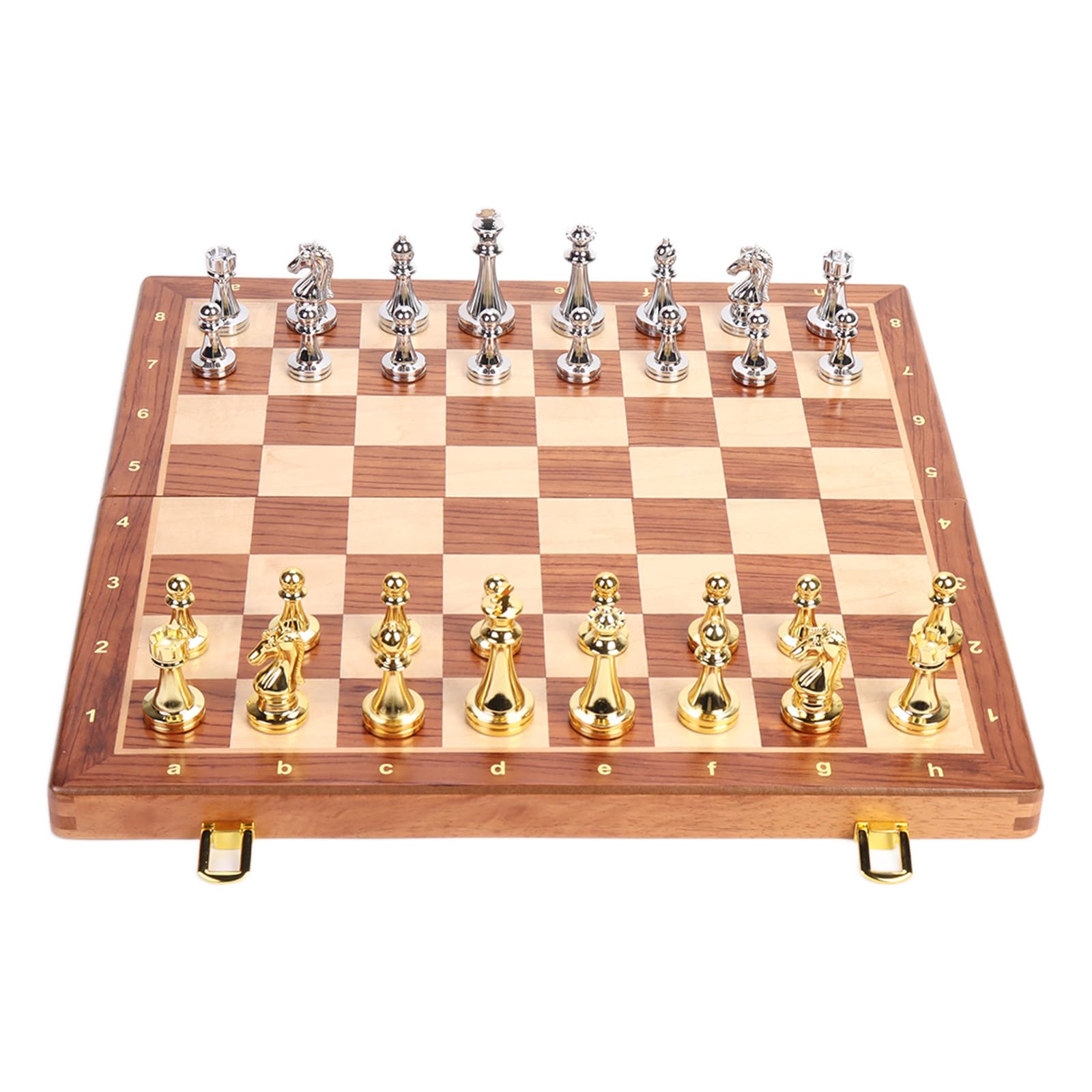 15-Inch Folding Chess Set, Wooden Board with Metal Pieces，Metal Bronze Chess Pieces, Travel Board Game with Extra 2 Queens (Gold and Silver)