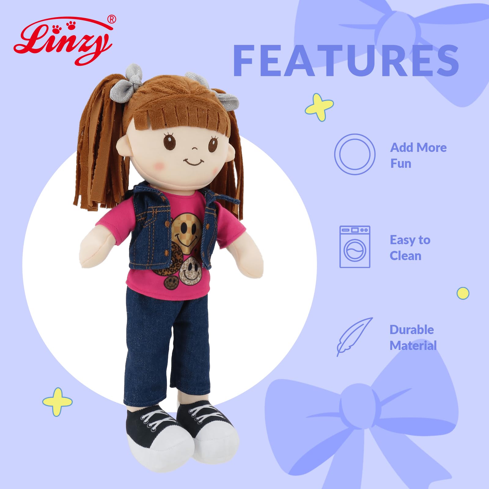 Linzy 15" Little Sweet Hearts Riley Doll for Girls, Soft Plush Rag Doll with Brown Pigtails, Denim Vest & Pink Smile Shirt, Stuffed Play Doll