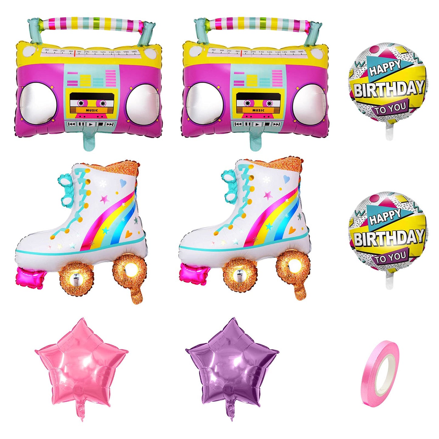 8 PCS Roller Skate Rainbow Balloons Inflatable Radio Boombox Props for 80s 90s Party Decorations Retro Theme Hip Hop Birthday Party Back to the 80S