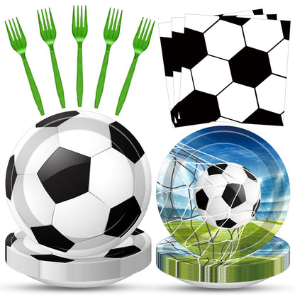 Merriva 100 Pcs Soccer Tableware Set Serves 25 - Disposable Football Paper Plates Napkins Forks, 9 Inch 7 Inch Plates Soccer Ball Themed Party