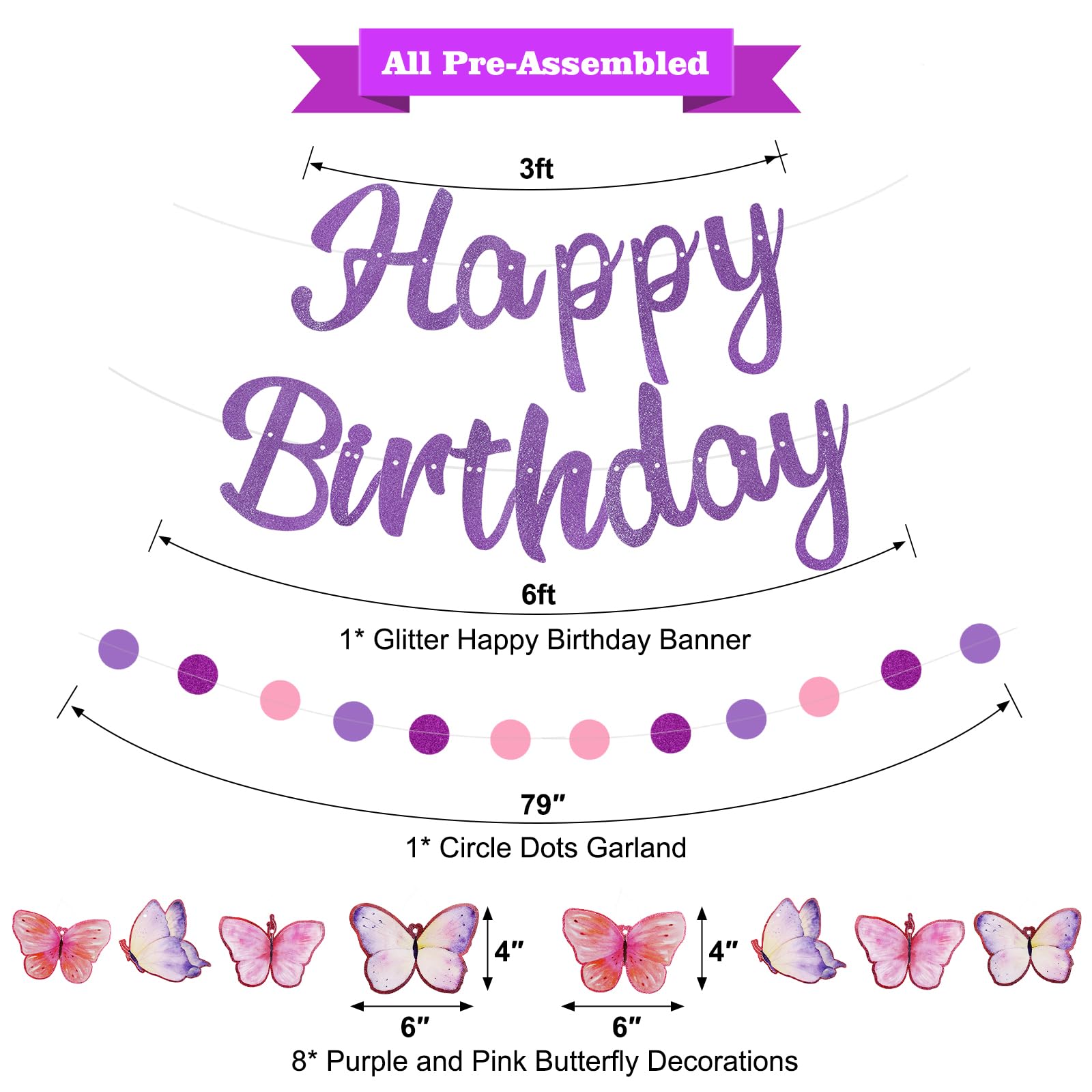 Danadia Pre-Strung Happy Birthday Banner, NO DIY Party Decorations (Purple)