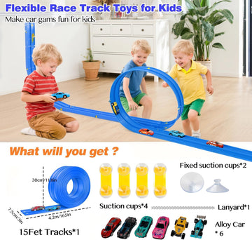 15 Ft Flexible Race Car Track for Kids, Rolls Up Portable Race Tracks with 6 Car & Suction Cups, Compatible with Hot Wheels and Diecast 1/64th Cars
