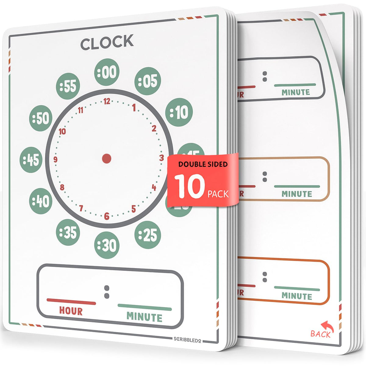 Scribbledo 10 Pack Telling Time Teaching Sheets - 9'x12' Dry Erase Learning Clocks for Kids Homeschooling Supplies