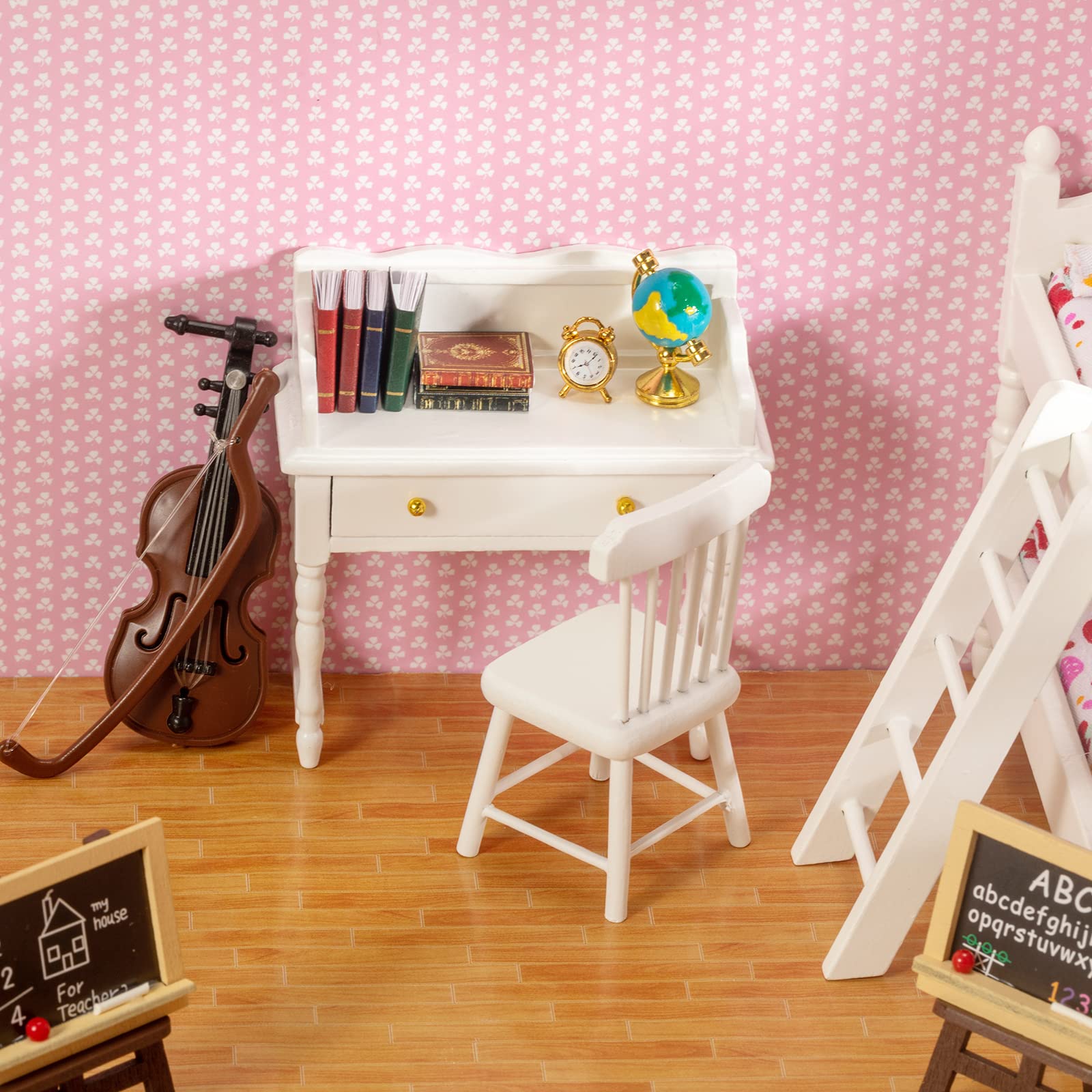 SAMCAMI Miniature Dollhouse Furniture 1 12 Scale - Wooden Dollhouse Bed Set - Doll House Furniture Toys Incl Doll Bed, Desk, Books, blackboards