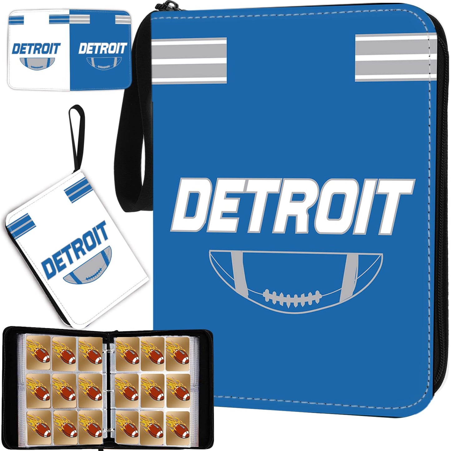 Football Card Binder with Sleeves 900 Pocket, Detroit Football Card Holder for Trading Cards Sports Card 3 Ring Binder Folder Collector Album Storage