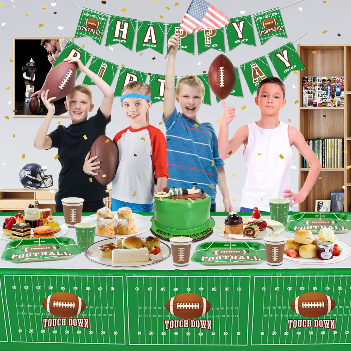 4 Pack Football Themed Tablecloths Disposable Plastic Football Table Cover Supplies Rectangular Game Day Tablecloth Football Field for Tailgate