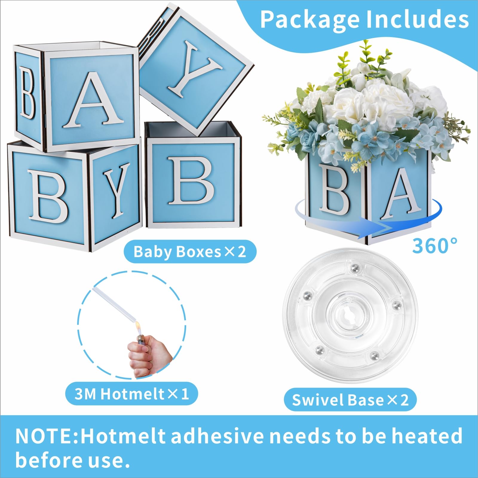 2 Set Baby Shower Centerpieces for Table 6 Inch Wooden Boxes with Rotatable Base Perfect for Boy Girl Neutra,Baby Shower, Gender Revea Party Table