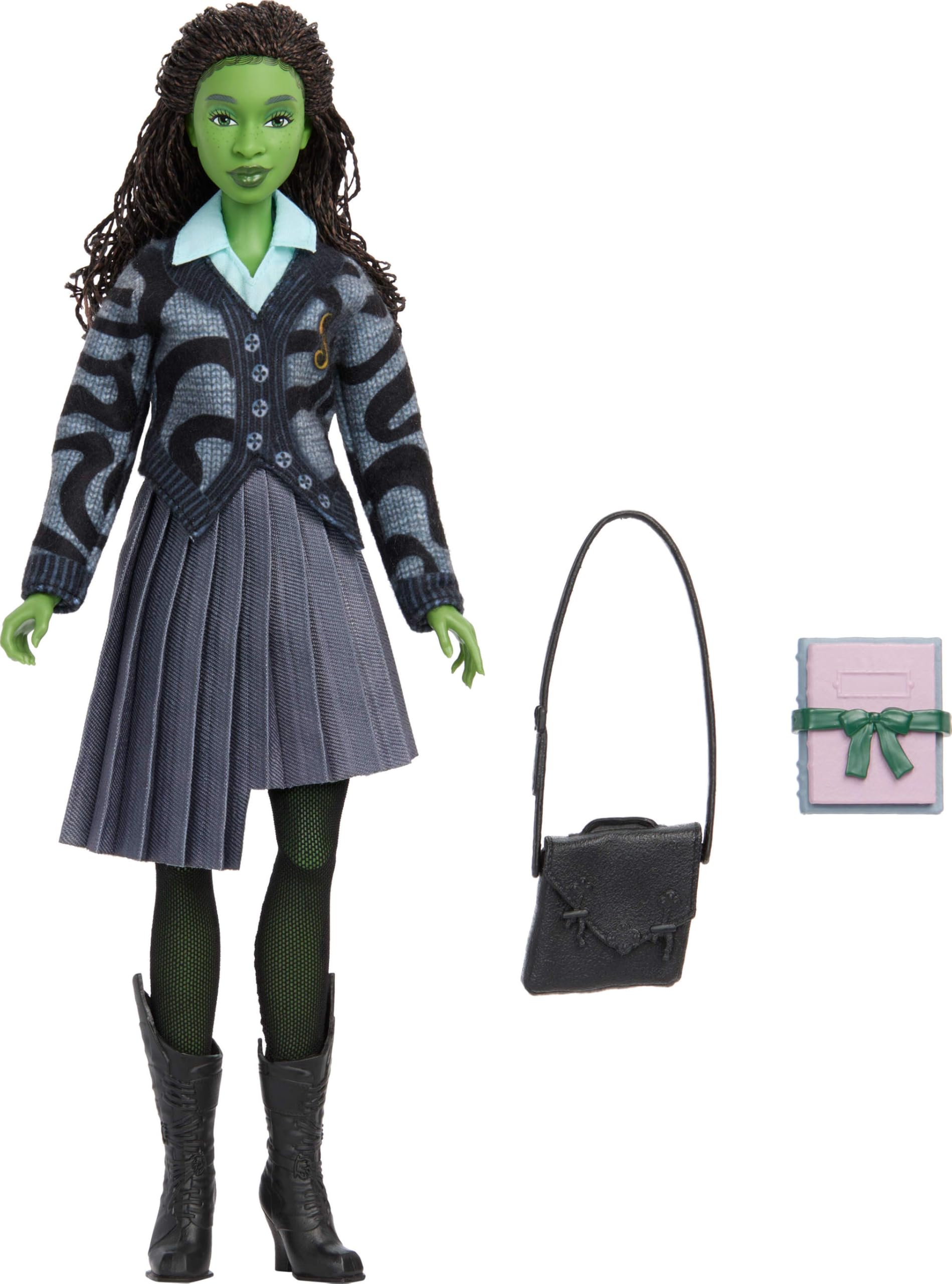 Mattel Universal Wicked Elphaba Fashion Doll & Accessories with Green Skin, Braided Black Hair, Posability & Removable School Uniform