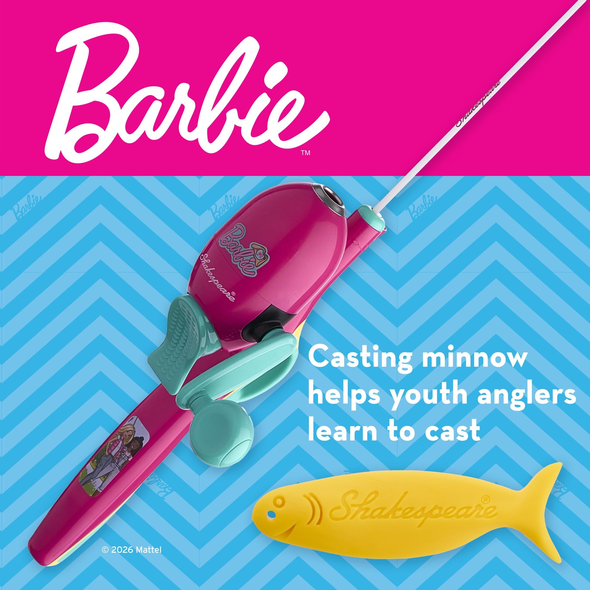 Shakespeare Mattel Barbie Kit 2'6" Spincast Combo for Kid, Gel-Tech Comfort Grip Handle, Safety Hook Keeper, Includes Practice Casting Plug