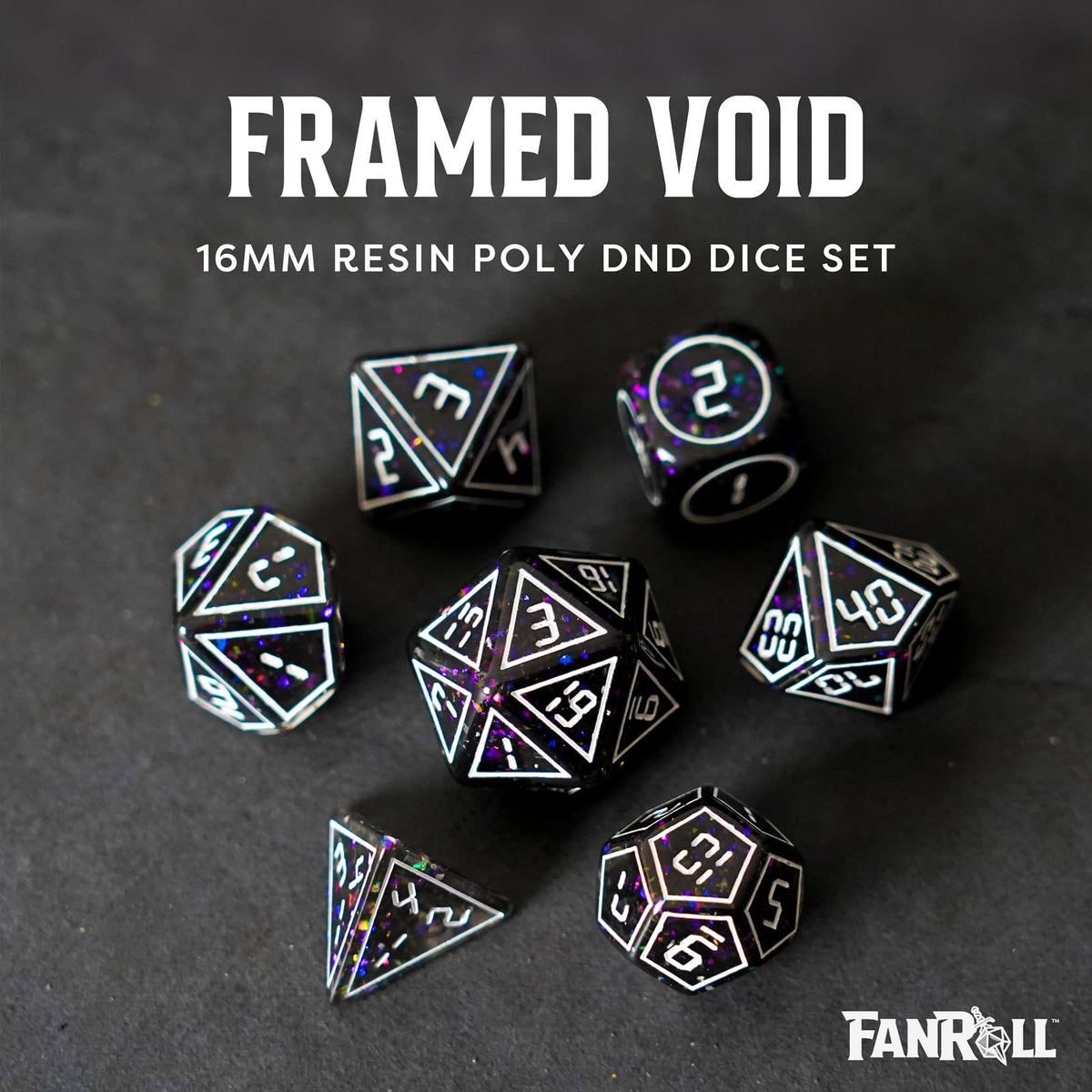 FanRoll 16mm Resin Poly DND Dice Set: Framed Void, Role Playing Game Dice for Dungeons and Dragons