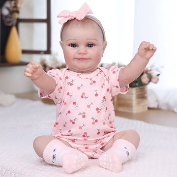 Tookyhill Reborn Baby Dolls- 18 Inch Full Vinyl Realistic Baby Doll Poseable Smiling Real Life Baby Girl with Blue Eyes, Pink Cherry Outfit & Headband