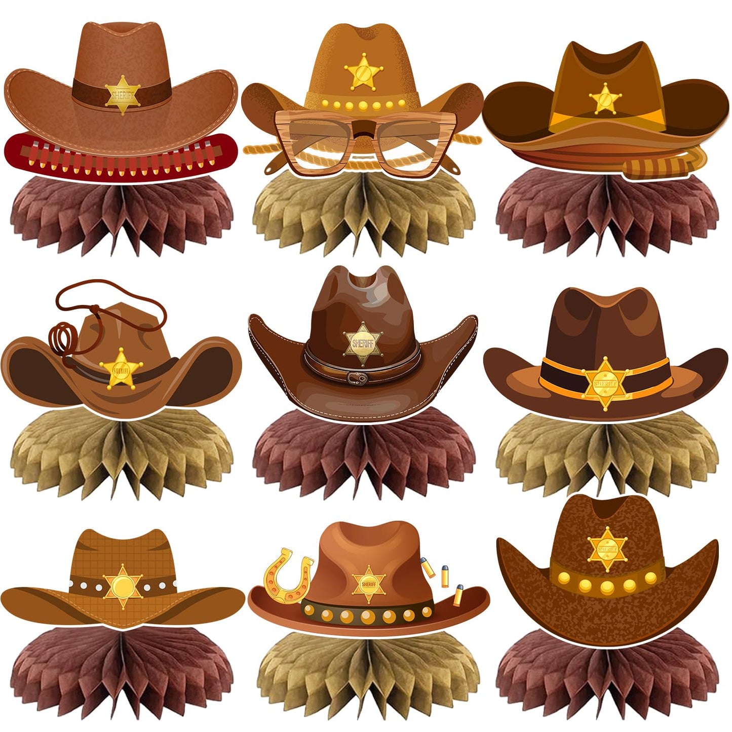 JIUJIUBER 9 Pcs Western Party Centerpiece Decorations Western Cowboy Hats Honeycomb Centerpieces for Tables Cowboy Themed Baby Shower Birthday Party